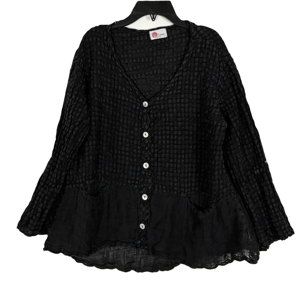 Linnea Black Linen Blend Crinkle Long Sleeve Button Blouse S Lagenlook Beachy